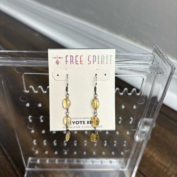 NWT Free Spirit Peyote Bird Long Dangly Yellow Citric Amber Earrings Sterling - Picture 1 of 4